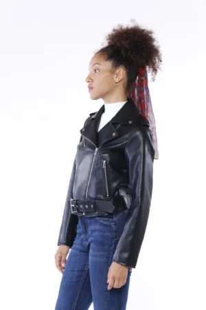 GIACCA ecopelle corta con cerniera diagonale e cinta in vita