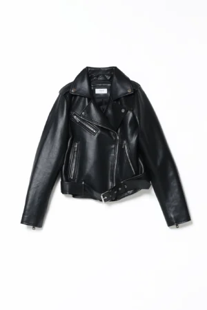 GIACCA ecopelle corta con cerniera diagonale e cinta in vita