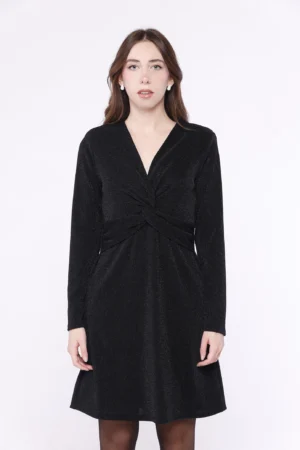 ABITO in lurex lungo al ginocchio con ampio scollo a V annodato alla cinta e manica lunga