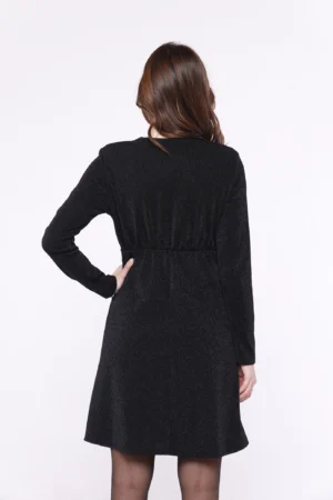 ABITO in lurex lungo al ginocchio con ampio scollo a V annodato alla cinta e manica lunga