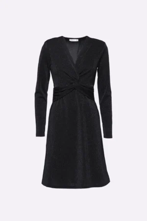 ABITO in lurex lungo al ginocchio con ampio scollo a V annodato alla cinta e manica lunga