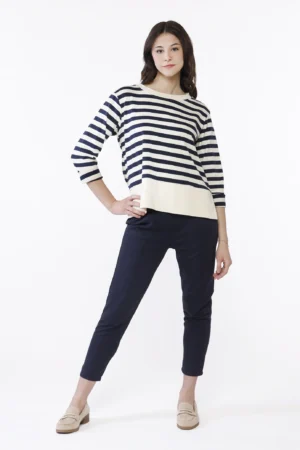 BLUSA a righe di tendenza con bordo alto monocolore con spacchetti laterali e scollo a barchetta