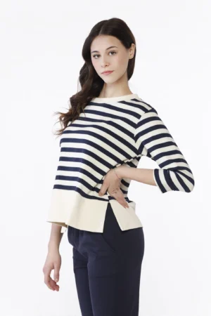 BLUSA a righe di tendenza con bordo alto monocolore con spacchetti laterali e scollo a barchetta