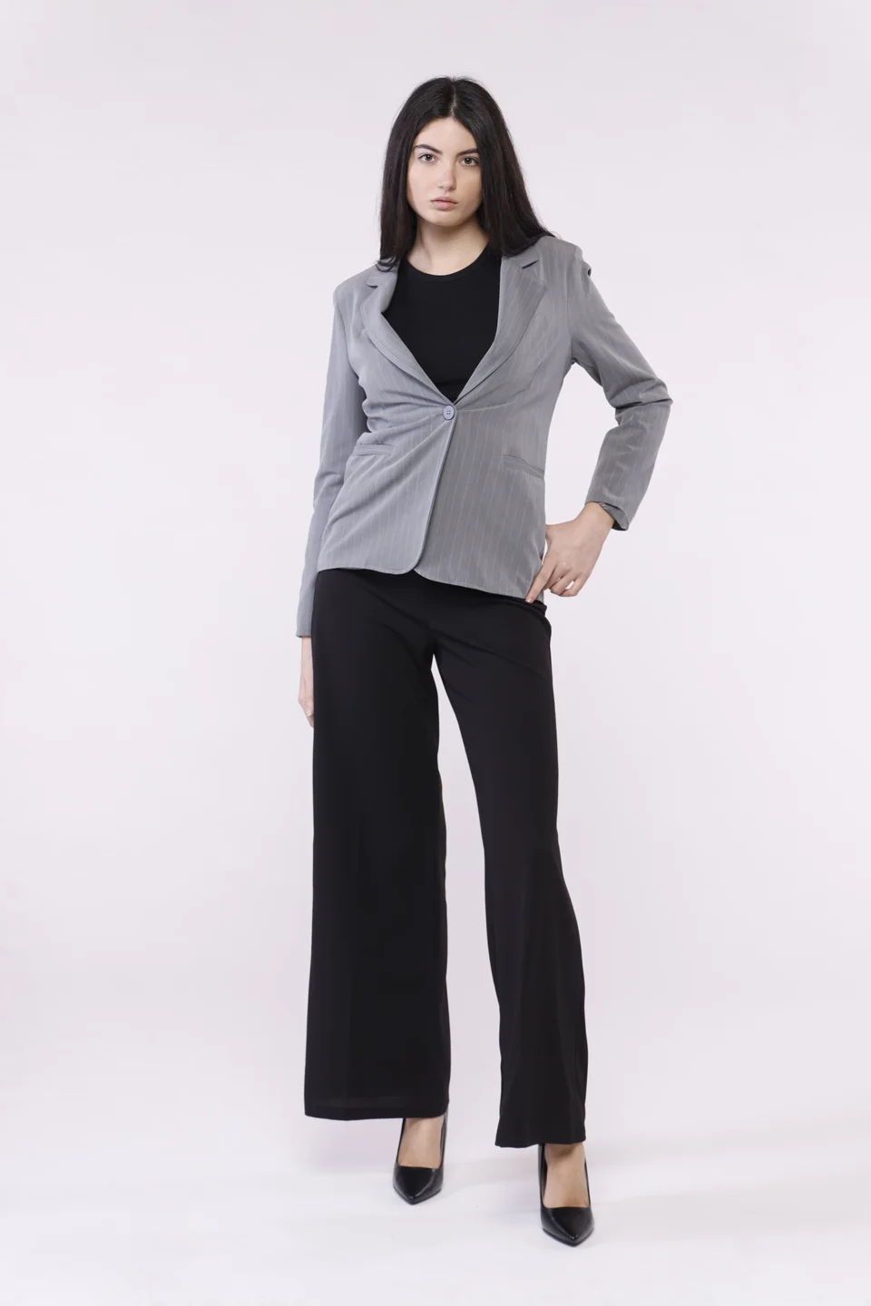 GIACCA business woman a righe monopetto con taschine decorative e con collo reverse ONEWORLD HYBRID