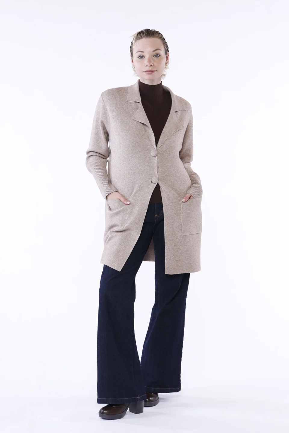 CARDIGAN lungo primi freddi con chiusura a due bottoni collo reverse e manica a costine ONEWORLD HYBRID