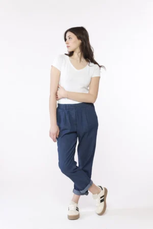 PANTALONE Denim con risvolto alle caviglie e elastco arricciato in vita