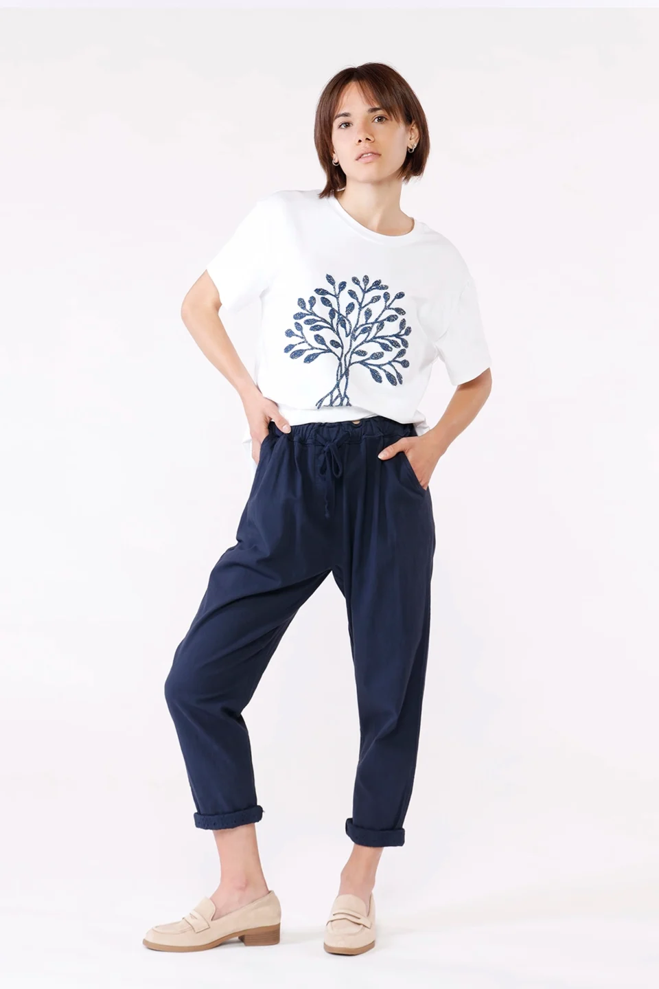 PANTALONE fresco lino con risvolto sangallo e comodo laccetto di chiusura ONEWORLD HYBRID