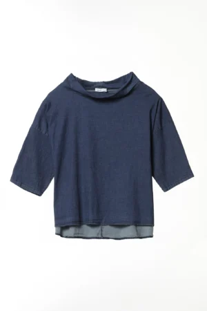 BLUSA denim con scollo a barca risvoltato e manica ampia