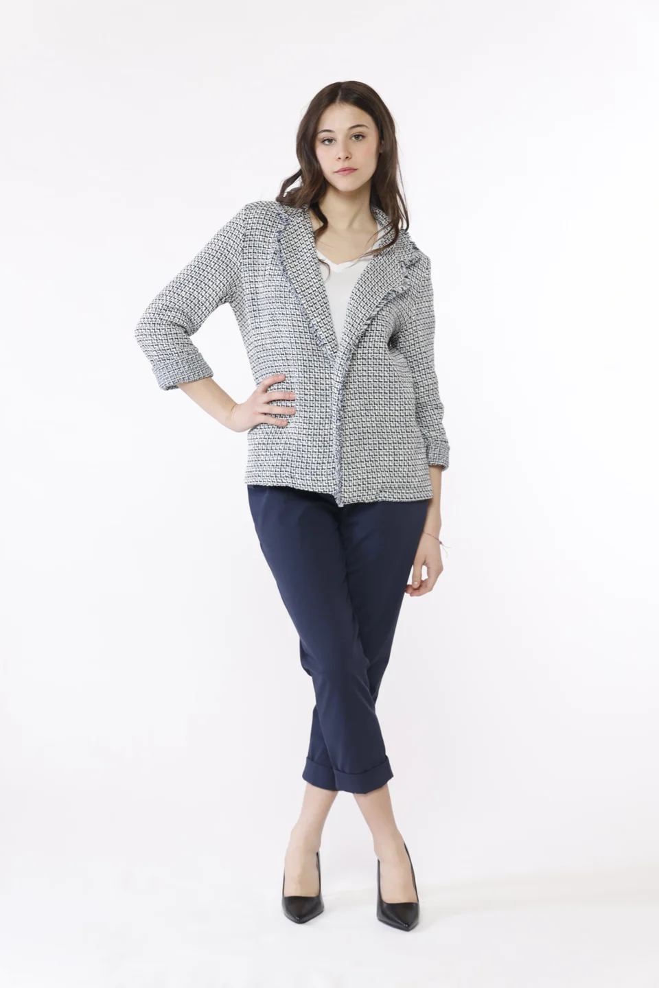 GIACCA motivo chanel con collo reverse sfrangiato e manica risvoltata ONEWORLD HYBRID