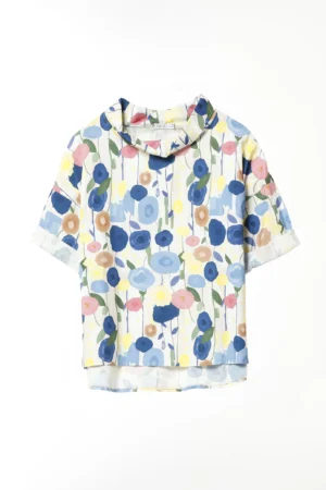 BLUSA fantasia di fiori con scollo a barca risvoltato e manica ampia