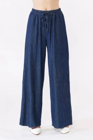 PANTALONE in tessuto tencel rigato con risvolti alle caviglie