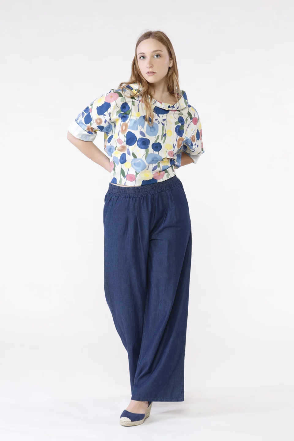 PANTALONE wide leg in denim con elastico di chiusura in vita ONEWORLD HYBRID