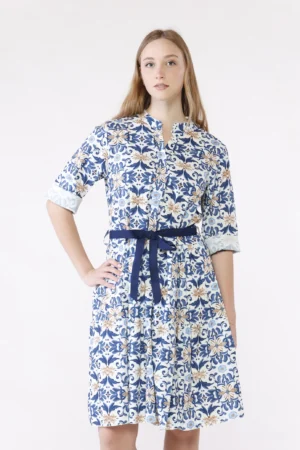 ABITO fantasia di fiori a manica lunga e bottoni su scollo alla coreana