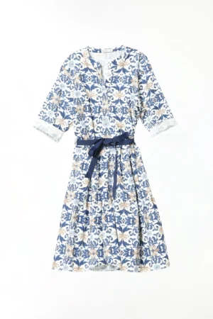 ABITO fantasia di fiori a manica lunga e bottoni su scollo alla coreana