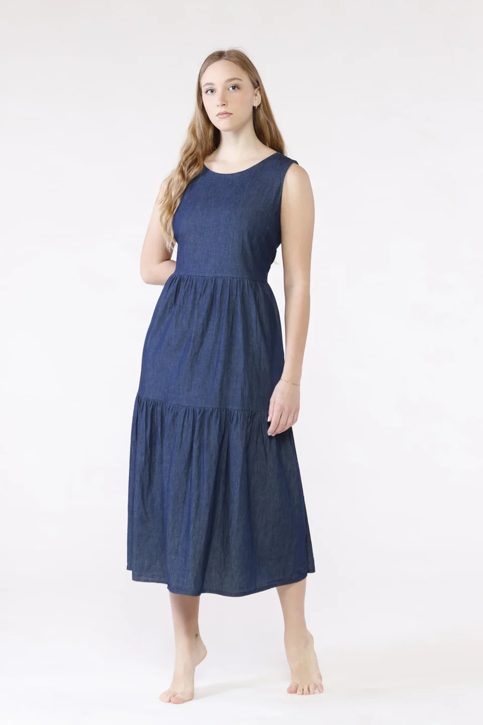 ABITO abito denim con gonna stratificata a sbuffo smanicato ONEWORLD HYBRID