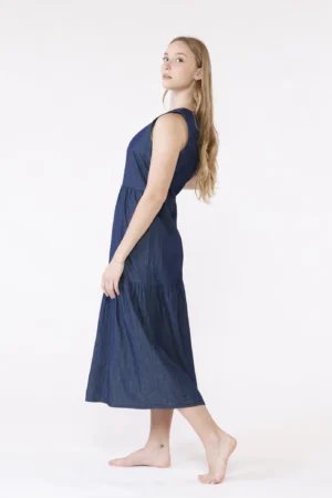 ABITO abito denim con gonna stratificata a sbuffo smanicato