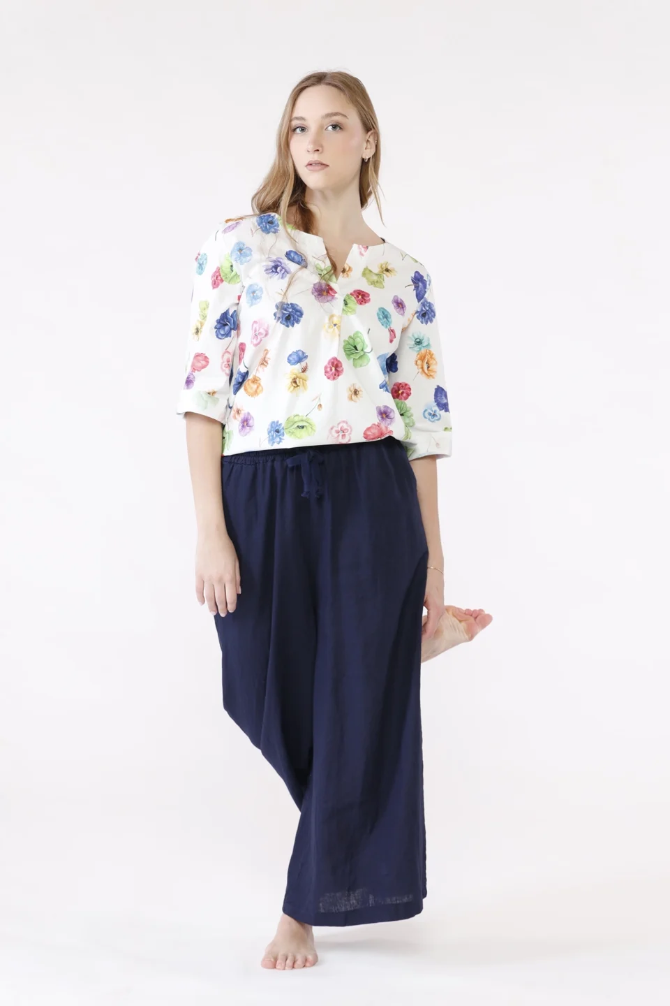 PANTALONE wide leg in cotone e lino con laccetto elastico di chiusura in vita ONEWORLD HYBRID