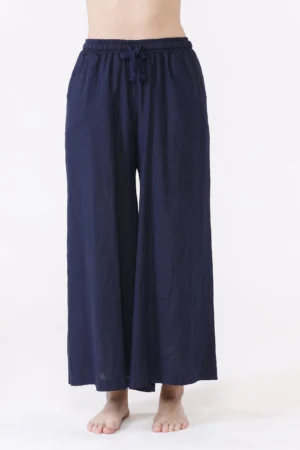 PANTALONE wide leg in cotone e lino con laccetto elastico di chiusura in vita