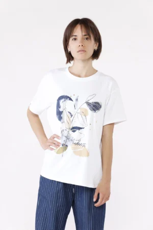 T-SHIRT stampa rametto con foglie a girocollo con manica corta