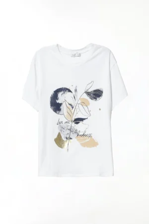 T-SHIRT stampa rametto con foglie a girocollo con manica corta