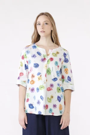 BLUSA fantasia di fiori colorati con collo a giro aperto a V e manica a kimono