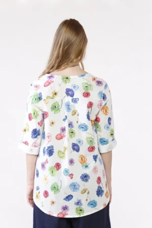 BLUSA fantasia di fiori colorati con collo a giro aperto a V e manica a kimono