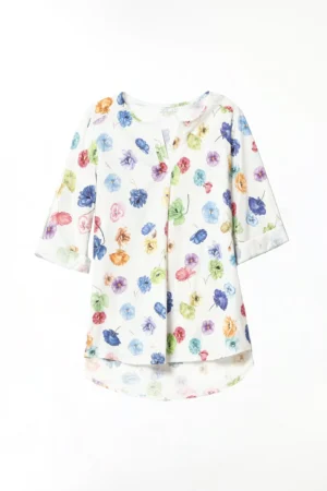 BLUSA fantasia di fiori colorati con collo a giro aperto a V e manica a kimono