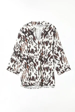 BLUSA maculata con manica a kimono e colletto alla coreana aperto a V