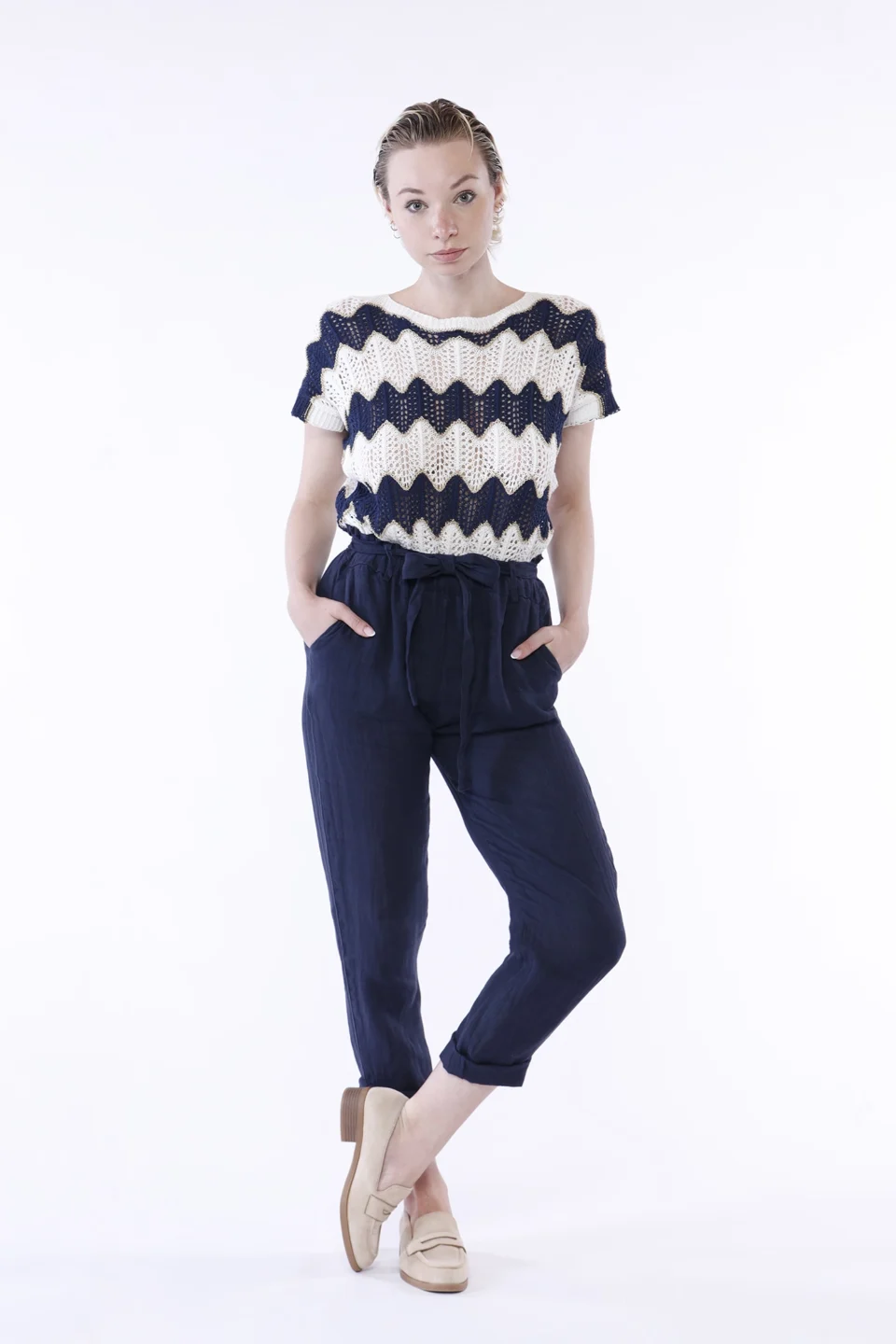 PANTALONE classico in puro lino con elegante nastro alla cintura e comode tasche laterali ONEWORLD HYBRID