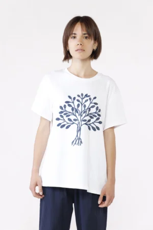 T-SHIRT casual a girocollo con albero della vita ricamato in rilievo