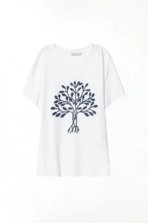 T-SHIRT casual a girocollo con albero della vita ricamato in rilievo