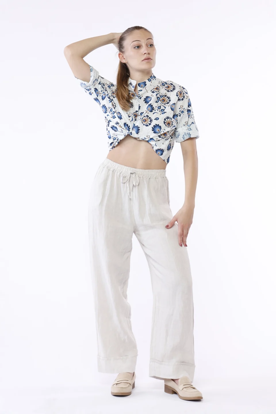 PANTALONE wide leg in puro lino con risvolto alto alla caviglia e cordino di chiusura in vita ONEWORLD HYBRID