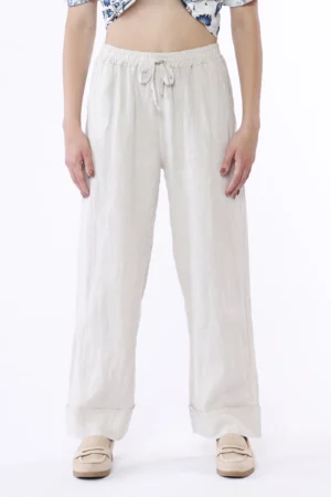 PANTALONE wide leg in puro lino con risvolto alto alla caviglia e cordino di chiusura in vita