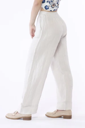 PANTALONE wide leg in puro lino con risvolto alto alla caviglia e cordino di chiusura in vita