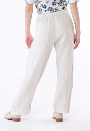 PANTALONE wide leg in puro lino con risvolto alto alla caviglia e cordino di chiusura in vita