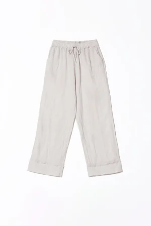 PANTALONE wide leg in puro lino con risvolto alto alla caviglia e cordino di chiusura in vita