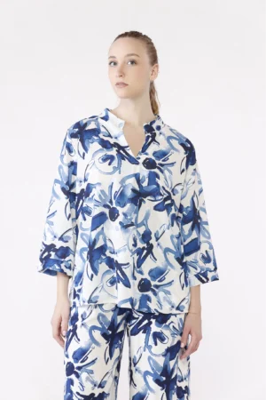 BLUSA fantasia astratta con maniche a kimono e colletto alla coreana aperto a V