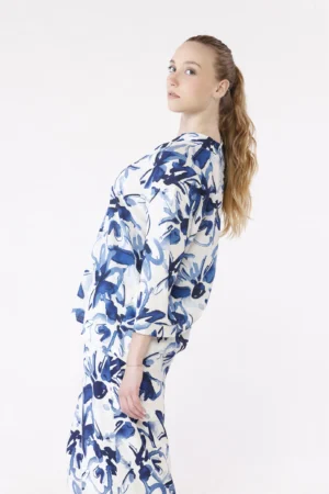 BLUSA fantasia astratta con maniche a kimono e colletto alla coreana aperto a V