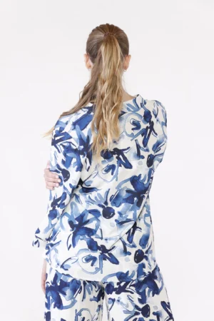 BLUSA fantasia astratta con maniche a kimono e colletto alla coreana aperto a V