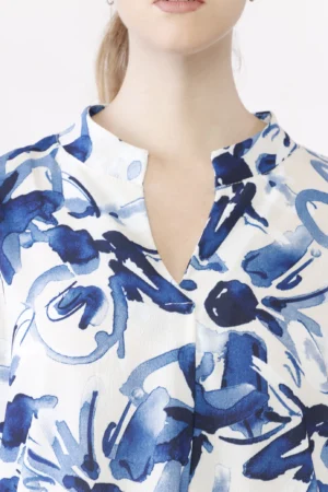 BLUSA fantasia astratta con maniche a kimono e colletto alla coreana aperto a V