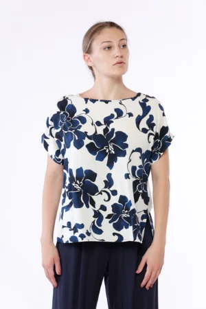 BLUSA fantasia di fiori con collo elastico arricciato e manica corta