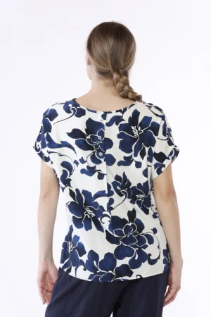 BLUSA fantasia di fiori con collo elastico arricciato e manica corta