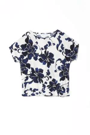 BLUSA fantasia di fiori con collo elastico arricciato e manica corta