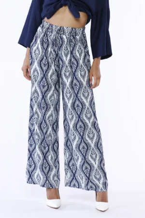 PANTALONE a palazzo con stampa a foglie asimmetriche ed elastico di chiusura in vita