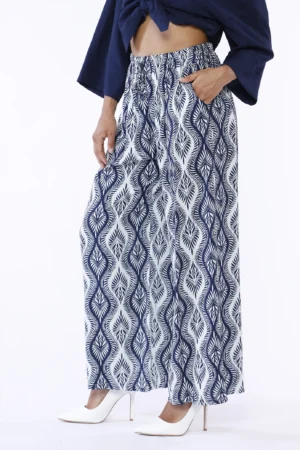 PANTALONE a palazzo con stampa a foglie asimmetriche ed elastico di chiusura in vita