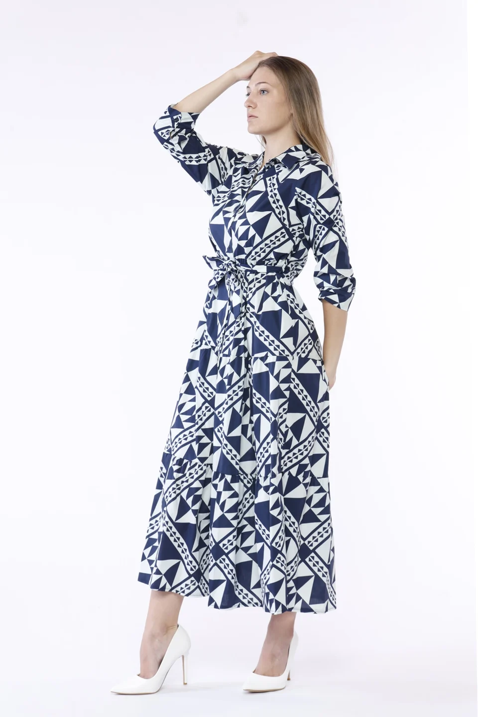 ABITO chemisier a fantasia geometrica con elegante nastro in vita ONEWORLD HYBRID