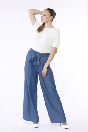 PANTALONE wide leg in tencell con nastro di chiusura in vita con passanti alla cintura e comode tasche laterali ONEWORLD HYBRID