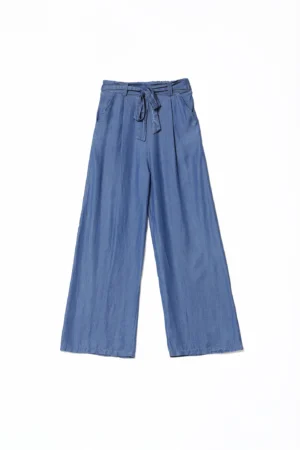 PANTALONE wide leg in tencell con nastro di chiusura in vita con passanti alla cintura e comode tasche laterali