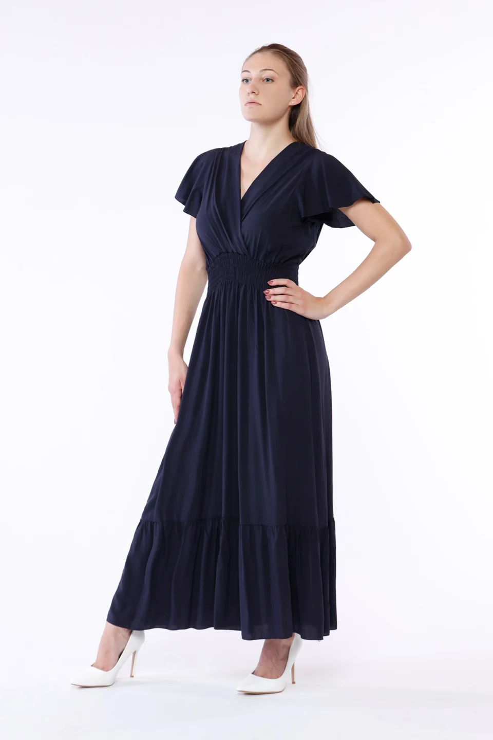 ABITO lungo con ampio scollo a V maniche volant ed elastico arricciato in vita con gonna stratificata a sbuffo ONEWORLD HYBRID