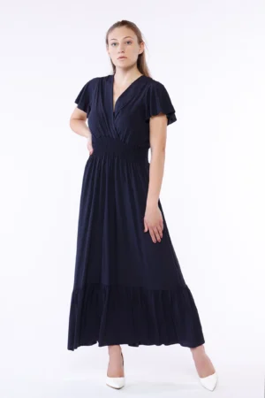 ABITO lungo con ampio scollo a V maniche volant ed elastico arricciato in vita con gonna stratificata a sbuffo